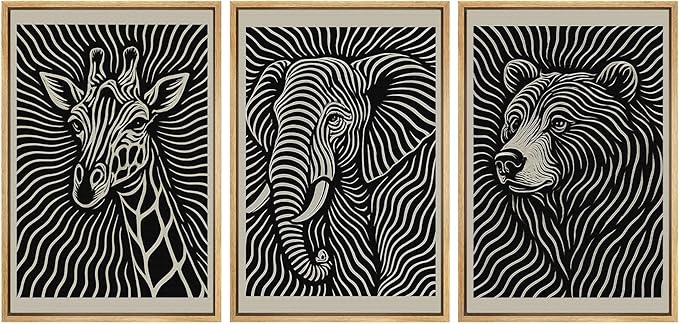 SIGNWIN Framed Canvas Print Wall Art Wildlife Portrait Giraffe, Elephant, and Bear Photography Modern Art Minimalist Black and White for Living Room, Bedroom, Office - 24"x36"x3 Natural