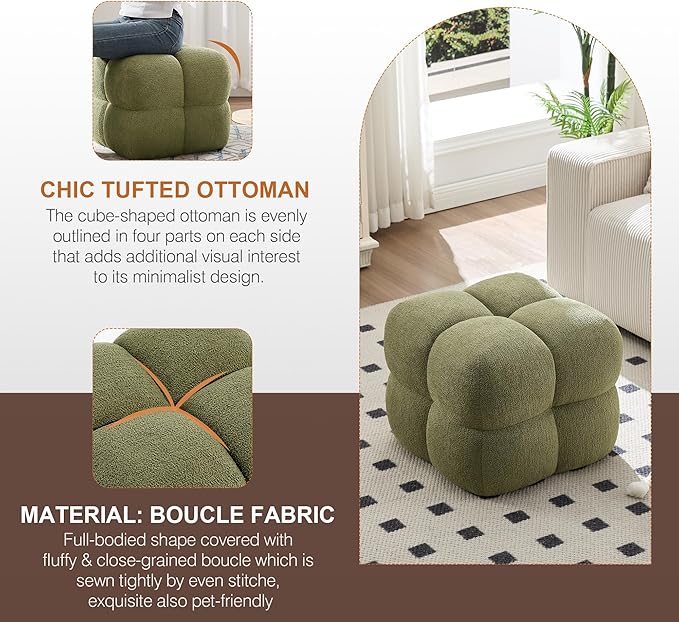 Zesthouse Square Pouf Ottoman Footstool, Modern Ottoman Coffee Table for Living Room, Poofy Boucle Stool Foot Rest, Upholstered Tufted Stool for Couch, Cube Vanity Chair Backless for Bedroom, Green