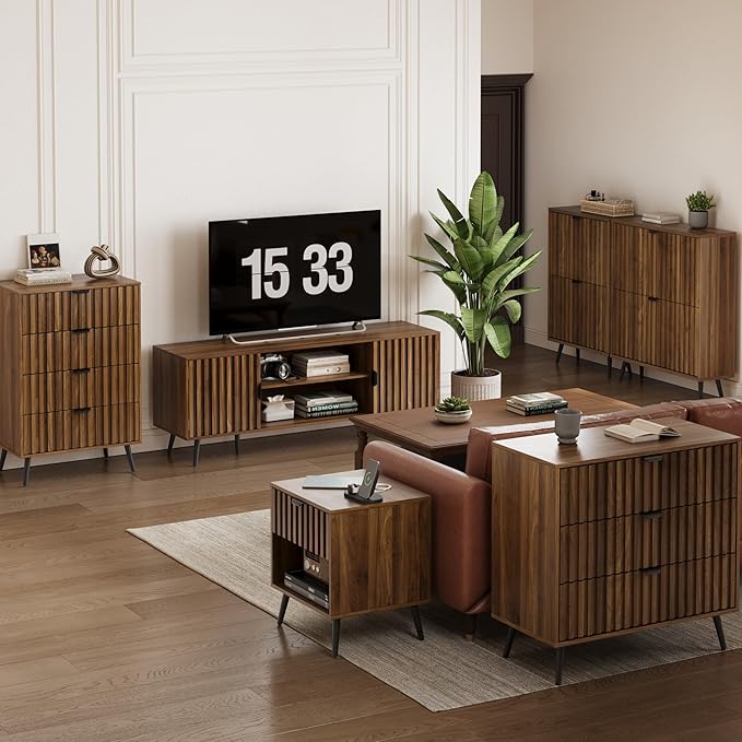 Fluted 3 Drawers Dresser, 31.5“ W Mid- Century Modern Wooden Chest of Drawers, Large Night Stand Organizer for Bedroom, Closet, Hallway, Entryway, Walnut