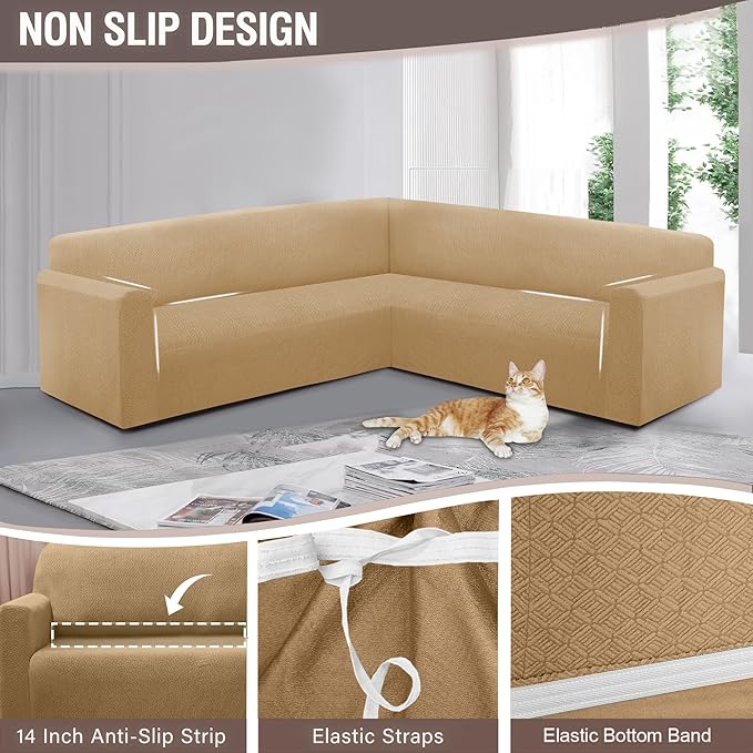HDCAXKJ Sectional Couch Cover L Shape Stretch Sofa Covers Washable Jacquard Corner Couch Slipcover Non Slip Sectional Slip Cover U Shaped Furniture Protector for Pets Dogs (Apricot, Medium)