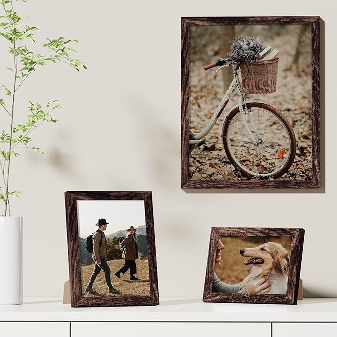 Vittanly 11x14 Picture Frames Set of 9, Shatter Resistant Plexiglass, Display 8x10 Pictures with Mat or 11x14 without Mat, Photo Frames for Wall or Tabletop, Engineered Wood, Brown