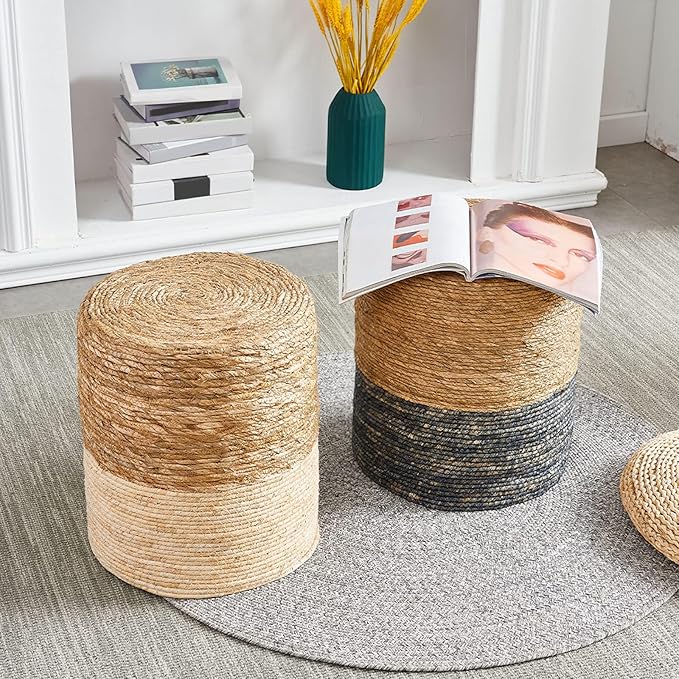 Wimarsbon Ottoman Poufs, 100% Natural Seagrass Pouffe, Hand Weave Round Footstool with Wood Frame, Sitting Braided Footrest, Home Boho Decorative Seat, Accent Chair for Living Room, Bedroom