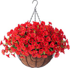 Ivydale Artificial Faux Hanging Flowers Plants Baskets for Outdoors Outside Spring Decoration, Fake Silk Red Morning Glory UV Resistant Look Real for Front Door Porch Patio Balcony Yard Garden Home