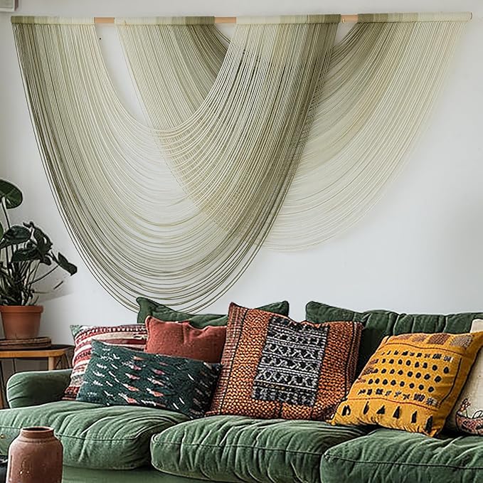 Macrame Wall Hanging Boho Wall Decor Tapestry Dip Dyed Ombre Moss Green Handmade Wall Art Woven Cotton Rope Backdrop with for Bedroom Living Room, 57" W x 39" L