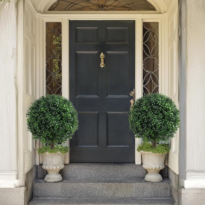 Set of 2 Artificial Boxwood Topiary Ball Trees for Outdoor with Ground Spike 22", UV Resistant Faux Greenery Shrubs, Fake Boxwood Plants for Indoor, Garden, Yard, Porch, Patio Decor