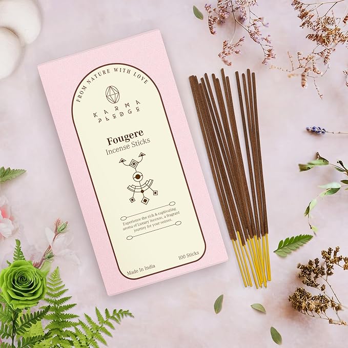 Fougere Incense Sticks, Organic Hand Dipped 100 Sticks with Natural Herbs & Aromatic Ingredients, Burn Time 45 to 60 Minutes, Incense for Positivity, Yoga, Meditation, Relaxation, Spiritual Gift