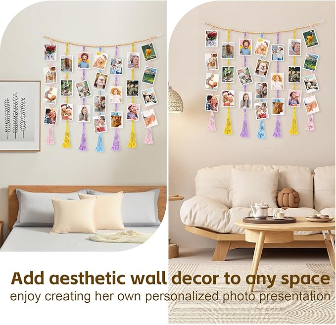 Boho Macrame Hanging Photo Display Wall Decor With 45 Clips Frame Collage Board With Wooden Beads For Bedroom Classroom Nursery Gifts For Teenage Girls