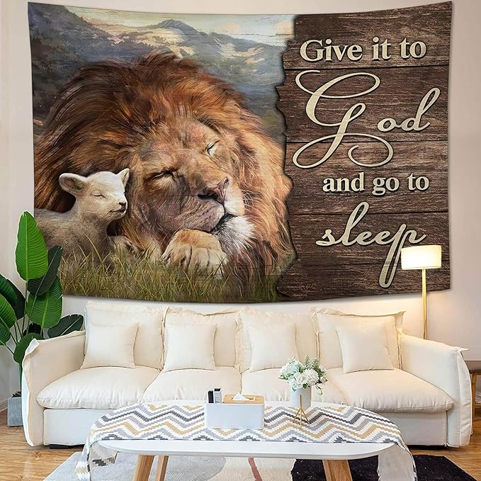 yowecso Lion and Lamb Tapestry Give It To God And Go To Sleep Tapestry Wall Hanging for Bedroom Christian Religious Tapestries Aesthetic Wall Decor for Home Dorm Living Room 40"x60"