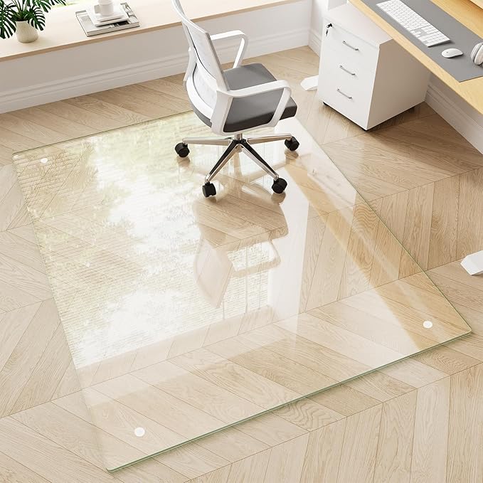 Glass Chair Mat 48" x 60" Heavy Duty Tempered Glass Mat, Office Glass Floor Mat with Polished Edge and Round Corner for Smooth Glide, Carpet Hardwood Floor Protector