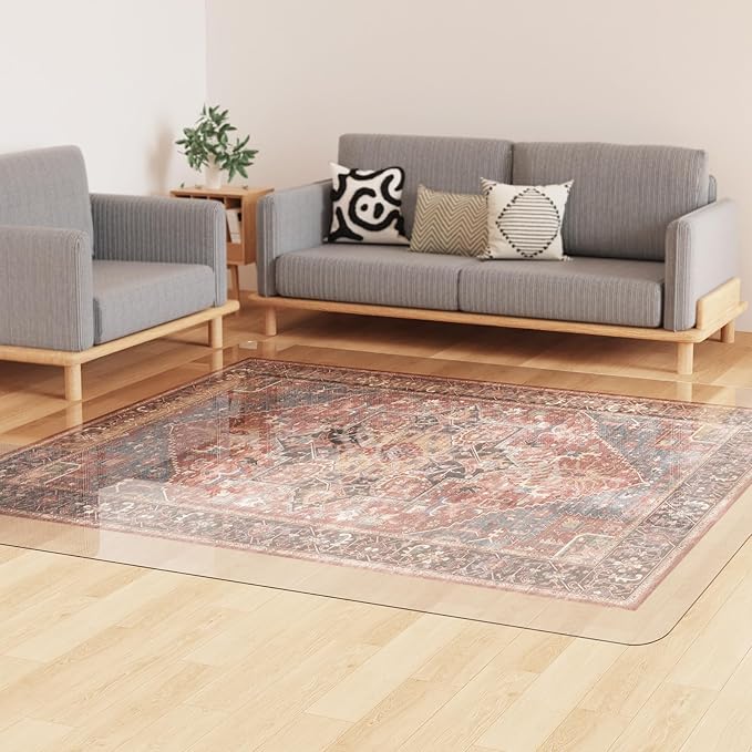Crystal Clear Floor Mat 6×9ft, Upgraded Easy Flat Waterproof Vinyl Rug Cover, Large Stain-Resistant Plastic Area Rug Floor Protector for Kitchen, Dining Room, High-Traffic Areas