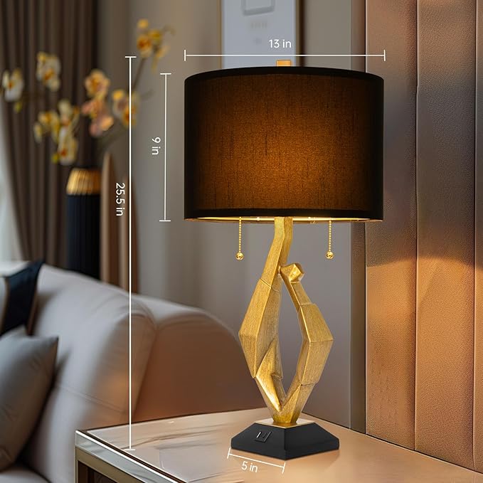 Sculptural Table Lamp Set of 2 with USB Ports For Living Room, Gold Leaf Finish Farmhouse Bedside Lamps with S Cluster Pull Chains Switch for Bedroom, Rustic Nightstand Lamp for Office, Hotel, Bar