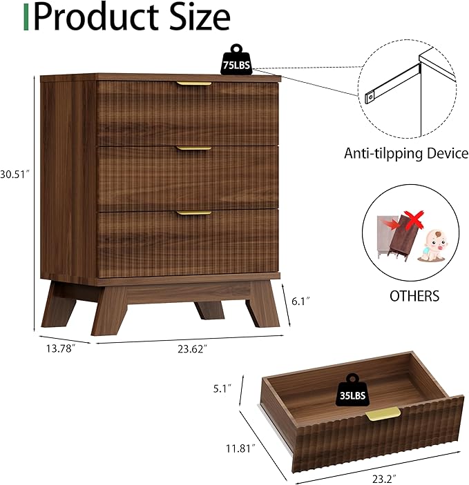 Fluted Nightstand, 24" Wide Side Table with 3 Large Storage Drawers, Mid Century Modern Wood Night Stand with Metal Handle, Wooden Bedside End Table for Bedroom, Living Room, Closet, Walnut