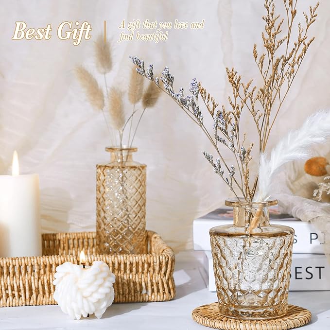 Amber Glass Bud Vases Set of 5, Gold Flower Vase for Centerpieces, Small Clear Vases in Bulk for Wedding Decorations, Vintage Vase for Table, Recepetion, Home Décor