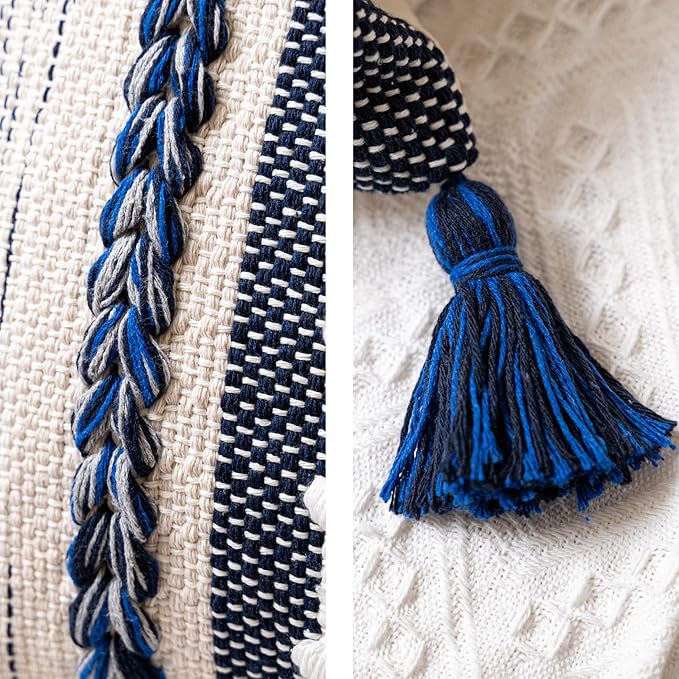 BlissBlush Navy Dark Blue Decorative Throw Pillow Cover 18x18 Square Boho Accent Pillowcase Tassels Farmhouse Cushion for Couch Sofa Bedroom Living Room Home Décor Cover ONLY