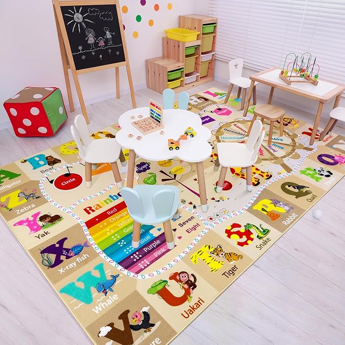 4x6 Playroom Rugs for Kids Washable, Educational and Fun Playmat with ABC Alphabet Animals Shapes Colors, Non-Slip Play Mat Learning Rugs for Baby Toddler Children Game Activity, Beige