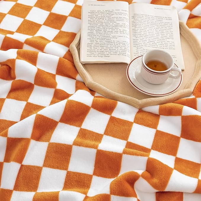 LOMAO Throw Blankets Flannel Blanket with Checkerboard Grid Pattern Soft Throw Blanket for Couch, Bed, Sofa Luxurious Warm and Cozy for All Seasons (Orange, 50"x60")