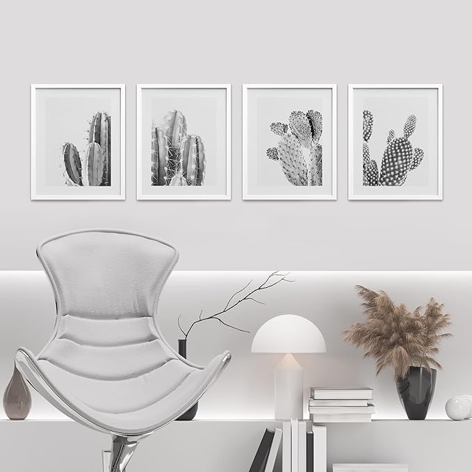 SIGNWIN Framed Black & White Saguaro Southwest Desert Tropical Cactus Wall Art, Set of 4 Floral Botanical Wall Decor Prints, Nature Wilderness Wall Décor for Living Room, Bedroom - 8"x10" White