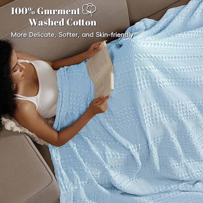 PHF 100% Cotton Waffle Weave Blanket King Size, Soft Lightweight Breathable Cozy Summer Blankets for Bed, Luxury Aesthetic Woven Bedding for Home Decor, 108"x90", Baby Blue