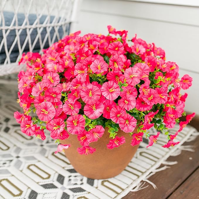 HyeFlora Artificial Flowers for Outdoors Fake Plants Outside Decoration, 12 Bundles Silk Hot Pink Morning Glory UV Resistant Look Real Faux Flowers for Planter Front Door Porch Patio Yard Gardens Home
