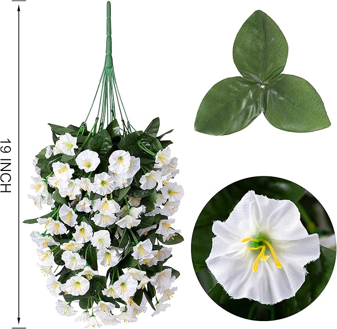 HyeFlora Artificial Fake Hanging Flowers Plants Vines for Outdoor Summer Decoration, 2PCS Faux Silk White Morning Glory Look Real UV Resistant for Home Outside Planter Porch Patio
