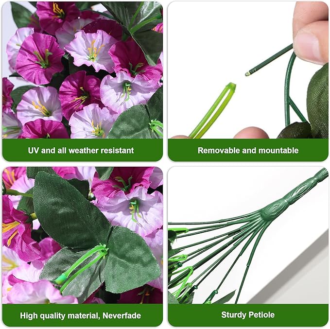 Artificial Fake Fall Hanging Mums Flowers Plants for Outdoor Outside, 2 PCS Faux Silk Morning Glory Trailing Vines Look Real UV Resistant for Porch Planter Patio Decor (Light Fuchsia and Fuchsia)