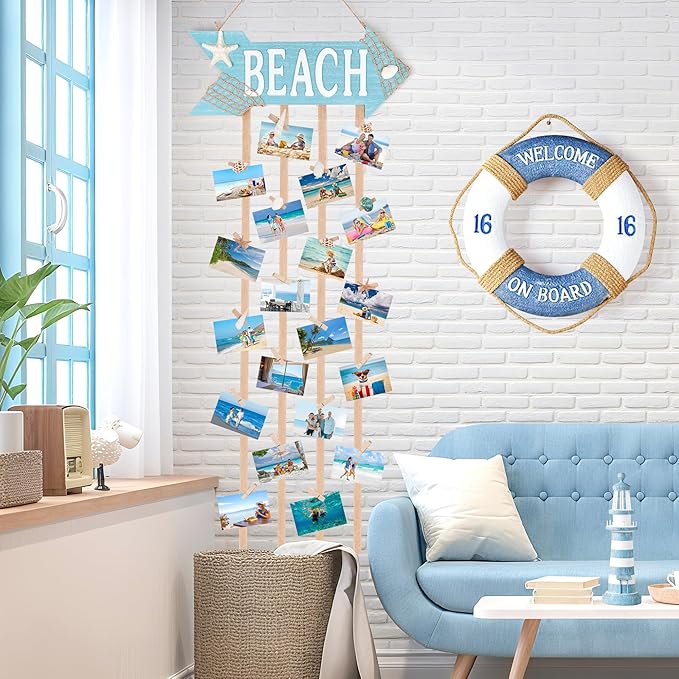 Coastal Style Hanging Photo Display Holder with 30 Clips (10 Shell Clips), Wooden Frames Wall Picture Organizer for Beach Decor, Collage Display, Postcards, Holiday Cards & Home Decoration
