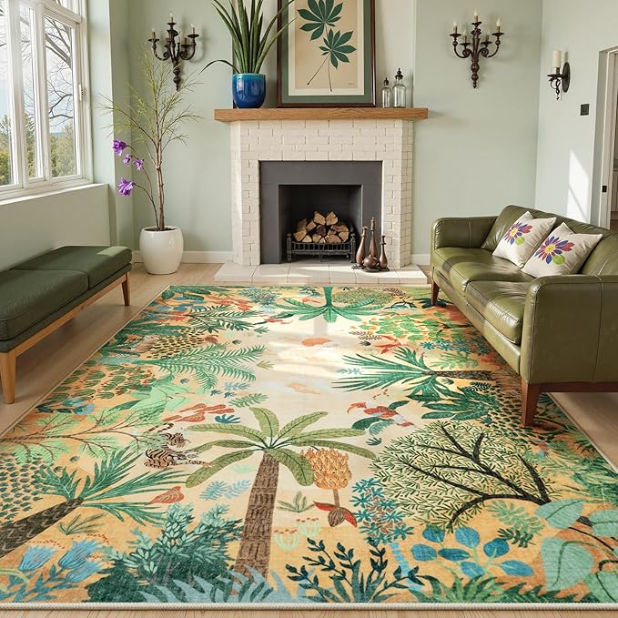 LIVEBOX Washable Jungle Animal Print 6 x 9 Area Rug for Dining Room, Non-Skid Yellow Kids Carpet Playmat Rug for Play Room, Soft Nursery Rugs for Girl Dorm, Kids Rugs for Bedroom Boys