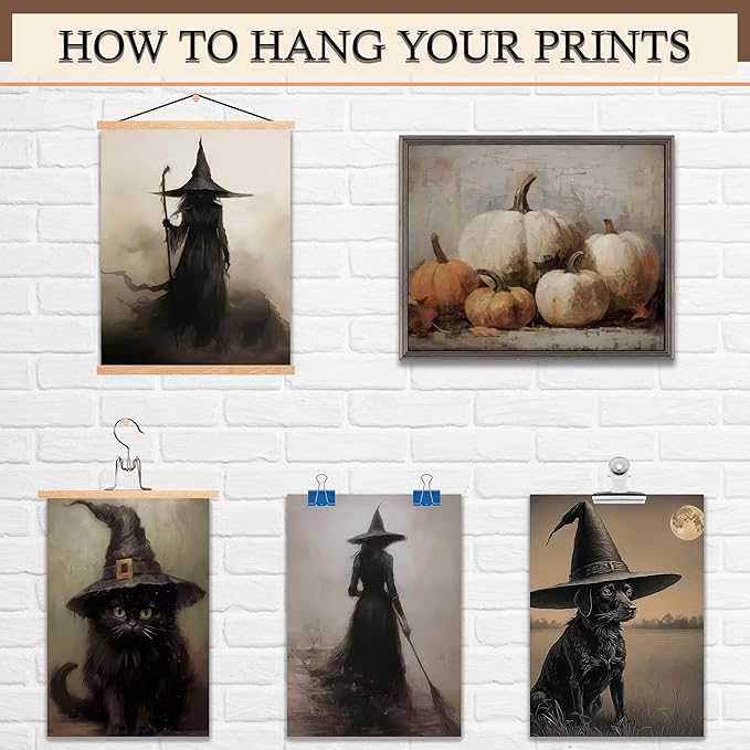 LANCHI95 12 Pcs Halloween Wall Art Prints, Vintage Witch Posters, Cute Ghost Pictures for Bedroom Decor (UNFRAMED)
