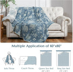 jinchan Boho 100% Cotton Muslin Twin Size 60x80 Inches Blanket Lightweight 4-Layer Quilted Soft Blue and White Floral Throw Blanket Green Accents Reversible Comfy Flower Summer Couch Bedroom Decor