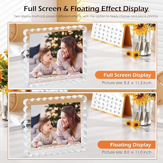 3Pack Scalloped Acrylic Photo Frame 8×10 Inch, 15+15mm Thick Block Clear Glass Photo Frame with Thick Block | Acrylic Picture Frames Modern Gift Set (3Pack, 8X10)