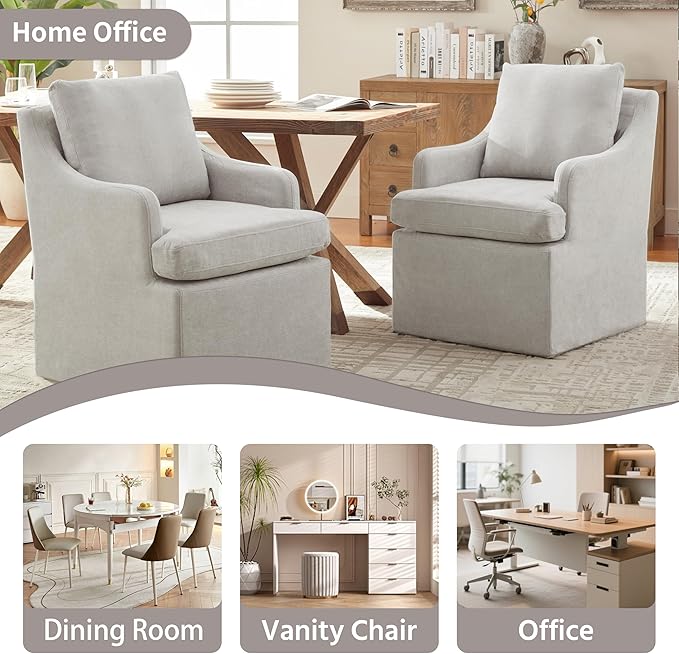 VKNOW Upholstered Dining Chairs, Modern Kitchen Chairs Dinner Chairs with 4 Casters, Linen Armchair for Bedroom Reading Room Living Room, Light Grey