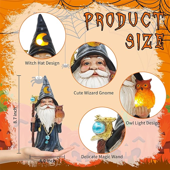 Halloween Solar Gnomes Decoration: 8.7'' Funny Merlin Statue with Owl & Magic Wand for Home Office Party Perfect Collectible Figurines Gift for Womens