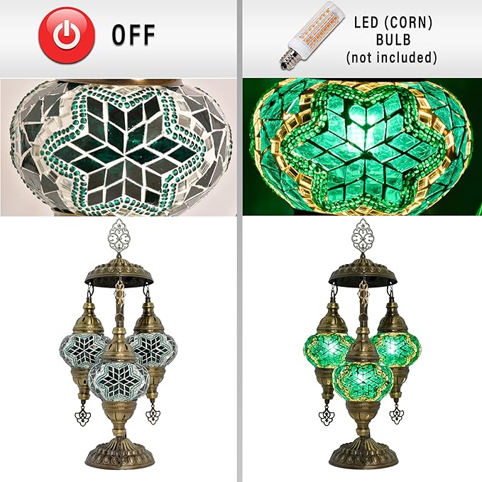 Mozaist Turkish Mosaic Lamp – 3 Globe Tiffany Table Light with Bulb (Turquoise Green)
