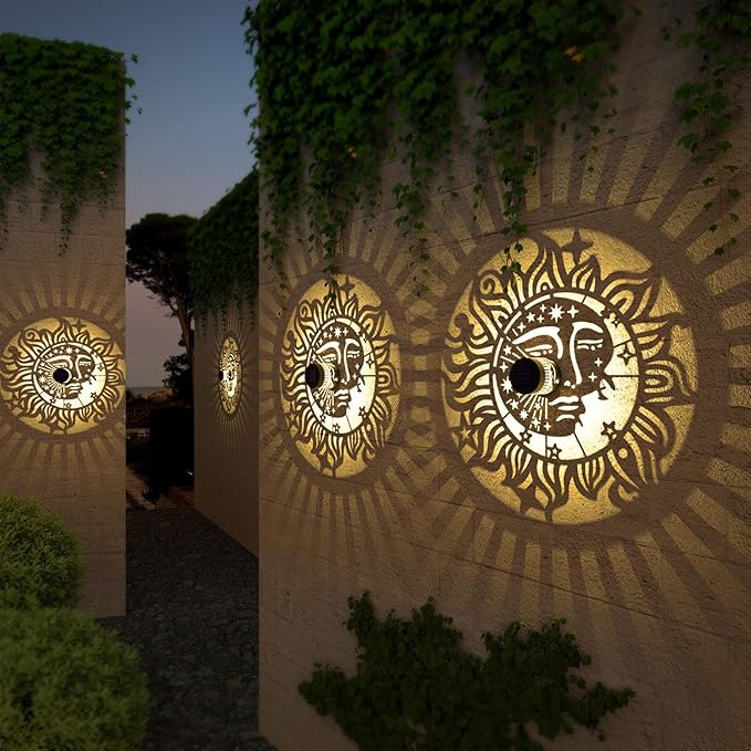 4 Pack Solar Fence Lights Metal Solar Powered Outdoor Wall Deck Step Lights Sun Moon Theme Waterproof Fence Light for Garden Post Patio Backyard Yard Decor, Gardening Gifts for Women Mom Grandma