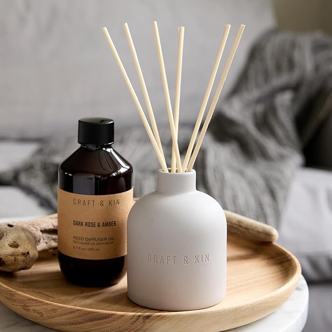 Craft & Kin Reed Diffuser for Home & Bathroom – Rose & Oud Reed Diffuser Set with Fragrance Sticks, Long-Lasting Alcohol-Free Scent, Fall Earthenware Collection, 6.7oz