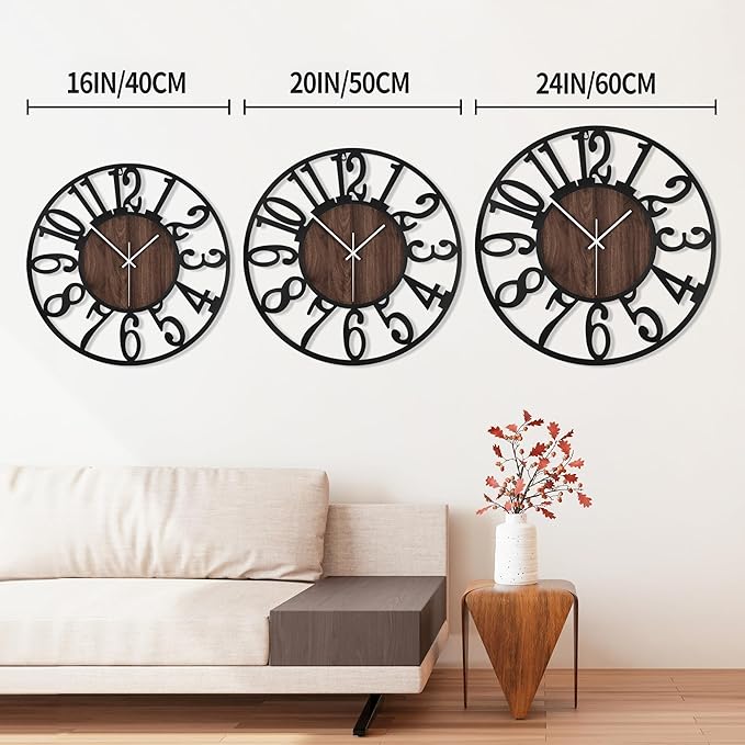 1st owned Large Wall Clock for Living Room Decor- 20" Decorative Antique Silent Non Ticking,Battery Operated,Black Metal,Wood Clocks for Farmhouse,Dining Room,Bedroom,Kitchen - Arabic Numerals
