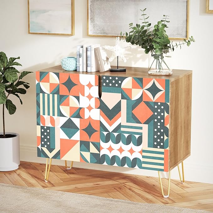 SIGNWIN Sideboard Buffet Cabinet, Kitchen Storage Cabinet with 2 Doors, Orange & Teal Star Circle, Cupboard Console Table for Dining Room - 35" L x 18" W x 29" H