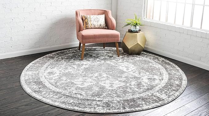 Unique Loom Rosso Collection Vintage, Traditional, Bohemian, Geometric, Distressed, Southwestern Area Rug (4' 0 x 4' 0 Round, Gray/Ivory)
