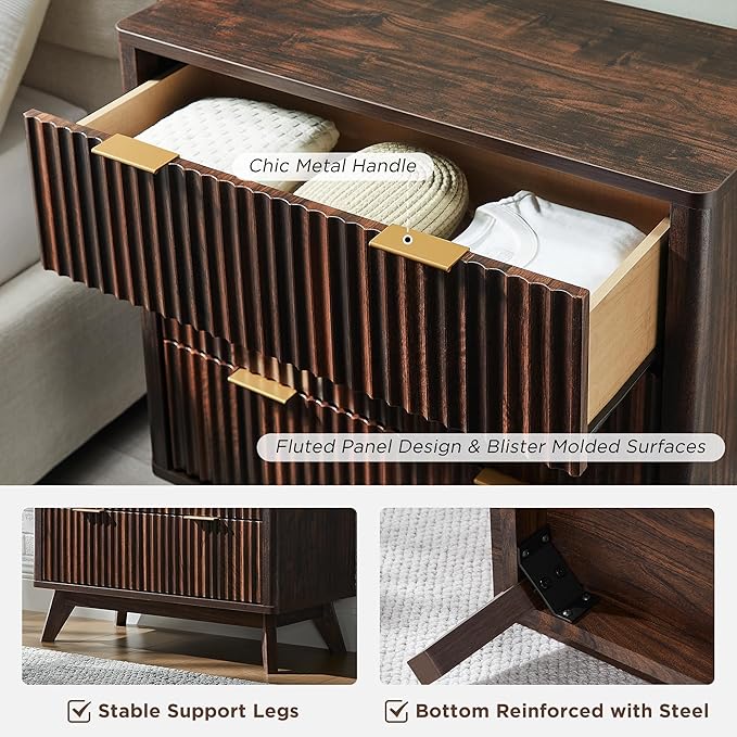 T4TREAM Fluted 3 Drawer Dresser, 32" Tall Modern Chest of Drawers, Curved Profile Design, Wood Drawer Organizer for Bedroom, Living Room, Hallway, Entryway, Dark Walnut