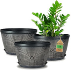 Quarut 10 Inch Flower Pots for Outdoor Indoor, 3 Pack Plastic Plant Pots with Drainage Hole & Tray, Modern Decorative Garden Pot with Saucer, planters for House (Black Copper)