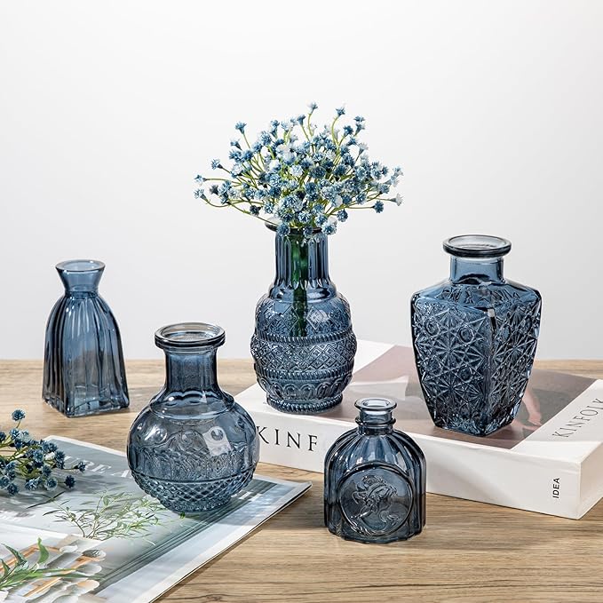 Glass Bud Vases Set of 20, Small Flower Vase in Bulk for Centerpieces, Mini Vintage Blue Vases for Rustic Wedding Vintage Home Table Decor