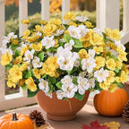 Fall Flowers Fake Flowers Mums for Outdoors Autumn Decoration, 6 Bundles Artificial Flowers Faux Silk Plants Realistic UV Resistant for Outside Planter Patio (Yellow White)