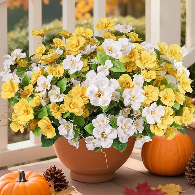 Fall Flowers Fake Flowers Mums for Outdoors Autumn Decoration, 6 Bundles Artificial Flowers Faux Silk Plants Realistic UV Resistant for Outside Planter Patio (Yellow White)