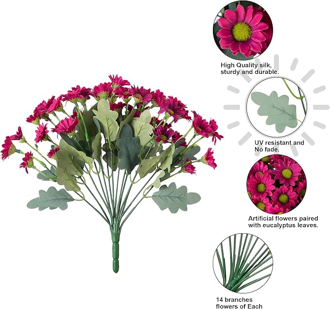 Daisy Artificial Flowers for Outdoors Fall Autumn Decoration, 6 Bundles Fake Mums Dark Red Silk Flowers for Outside Look Real UV Resistant Faux Flowers Plants for Planter Front Door Home Indoor Porch