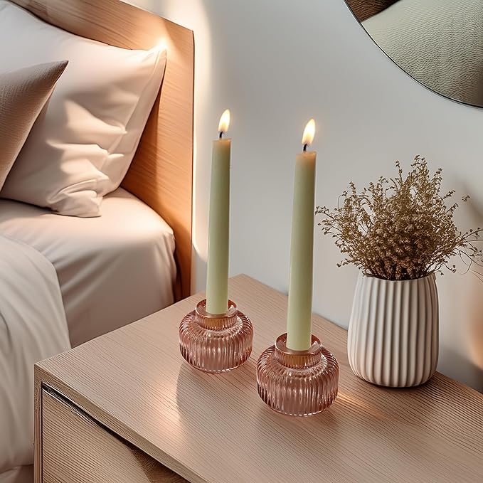 Kate Aspen Rose Gold Taper Candle Holders for Candlesticks Set of 4, Ribbed Glass Candlestick Holders, Votive Candle Holder Decor Accents, Pink Room Styling, Wedding & Home Centerpieces, Table Decor