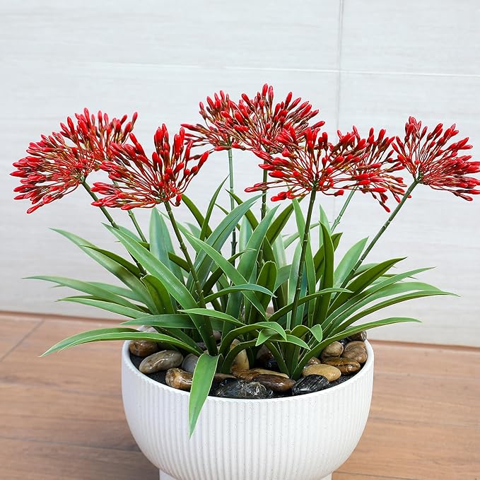 Artificial Flowers for Outdoors 18.9 in Large Fake Plants Outdoor Red Flower Agapanthus Spring Summer Decoration Outside for Front Porch Garden Window Box Decortion