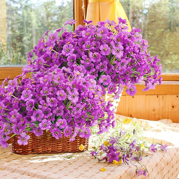 Uieke 72PCS Artificial Flowers for Outdoors UV Resistant Faux Plants Outdoor Fake Flowers for Outside Home Porch Window Box Spring Summer Décor (Purple)