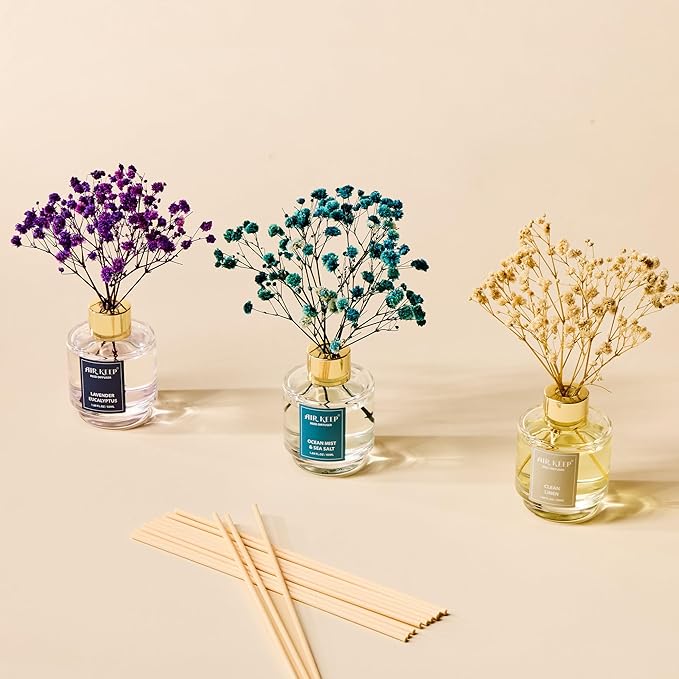 Airkeep Reed Diffuser Set of 3,Clean Linen Ocean Mist&Sea Salt Lavender Eucalyptus Oil Reed Diffusers for Bedroom Living Room Office Aromatherapy Oil Reed Diffuser for Gift 50ml x 3
