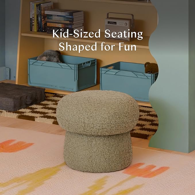Babyletto Kids Mini Mushroom Pouf - Ottoman Foot Rest - Poofy Plush, Round Footrest Stool for Couch - GREENGUARD Certified Soft & Stuffed, Comfy Small Pouf Ottoman for Living Room/Nursery Floor, Latte