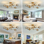 SZXYKEJI 6-Lights Glass Globe Chandelier Modern Flush Mount Ceiling Light Fixture Gold Farmhouse Lighting for Dining Room Living Room Bedroom Kitchen Passageway.